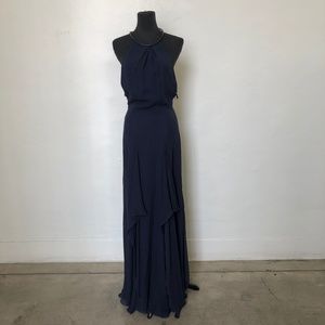 Navy Halter Dress With Leather Trim